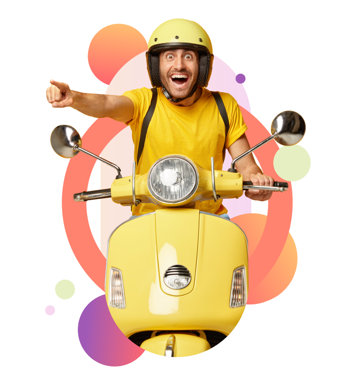 surprised man riding a yellow moped
