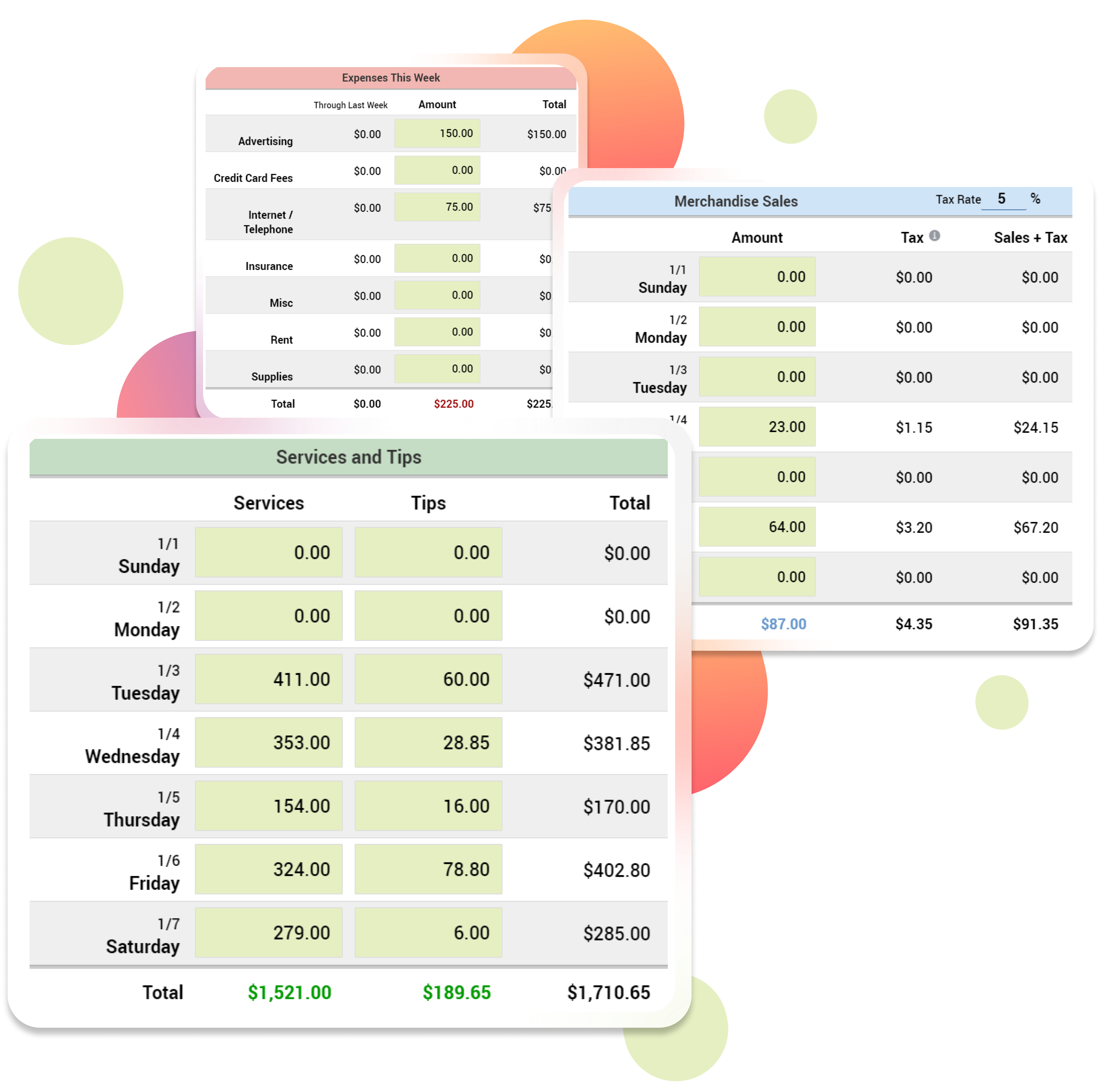 example app screenshots showing revenue per day